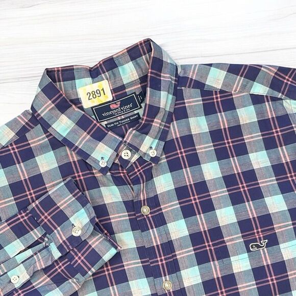 Vineyard Vines Shirt Men Large Blue‎ Check Performance Slim Fit Tucker Cotton - Picture 1 of 9